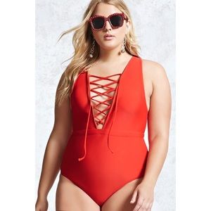 Forever 21 Plus Red Lace Up one piece swim